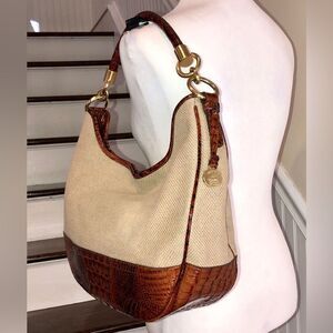 BRAHMIN Canvas and Warm Brown Crocodile Leather Shoulder Bag with Medallion